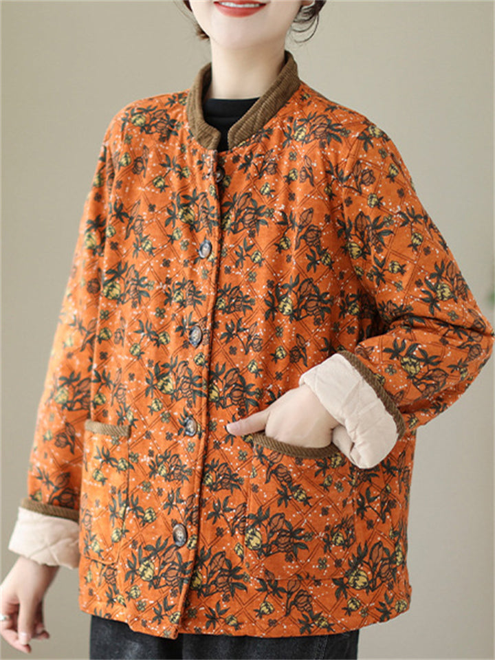 Vintage Stand Collar Button Mini Floral Print Cotton Coat