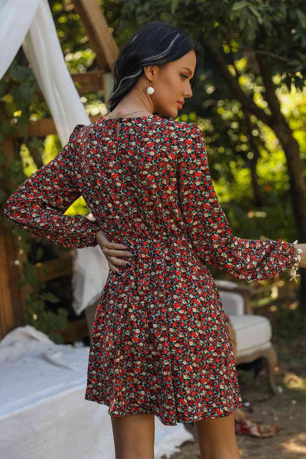 Printed Round Neck Long Sleeve Mini Dress