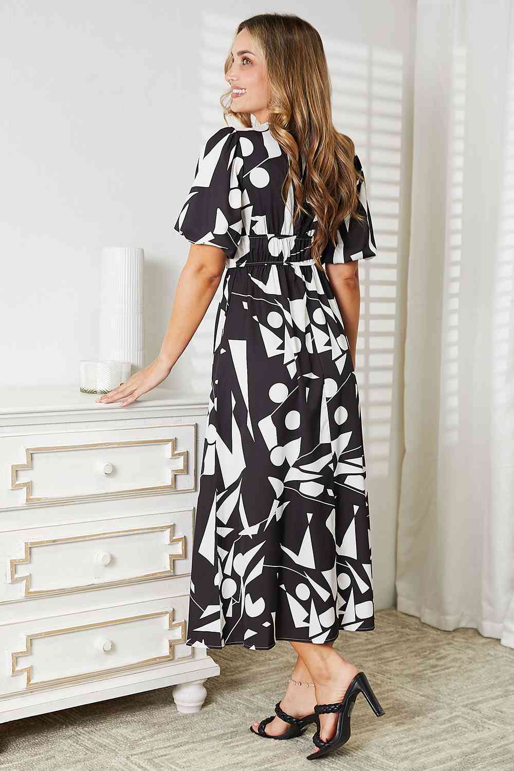 Double Take Printed Surplice Balloon Sleeve Dress