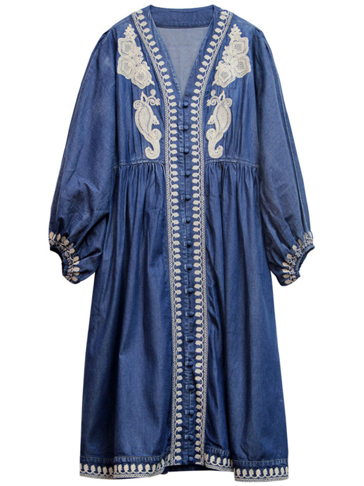 Ethnic Style V Neck Puff Sleeve High-Rise Denim Dress