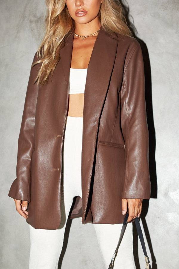 Ivyshape | Oversized Faux Leather Blazer