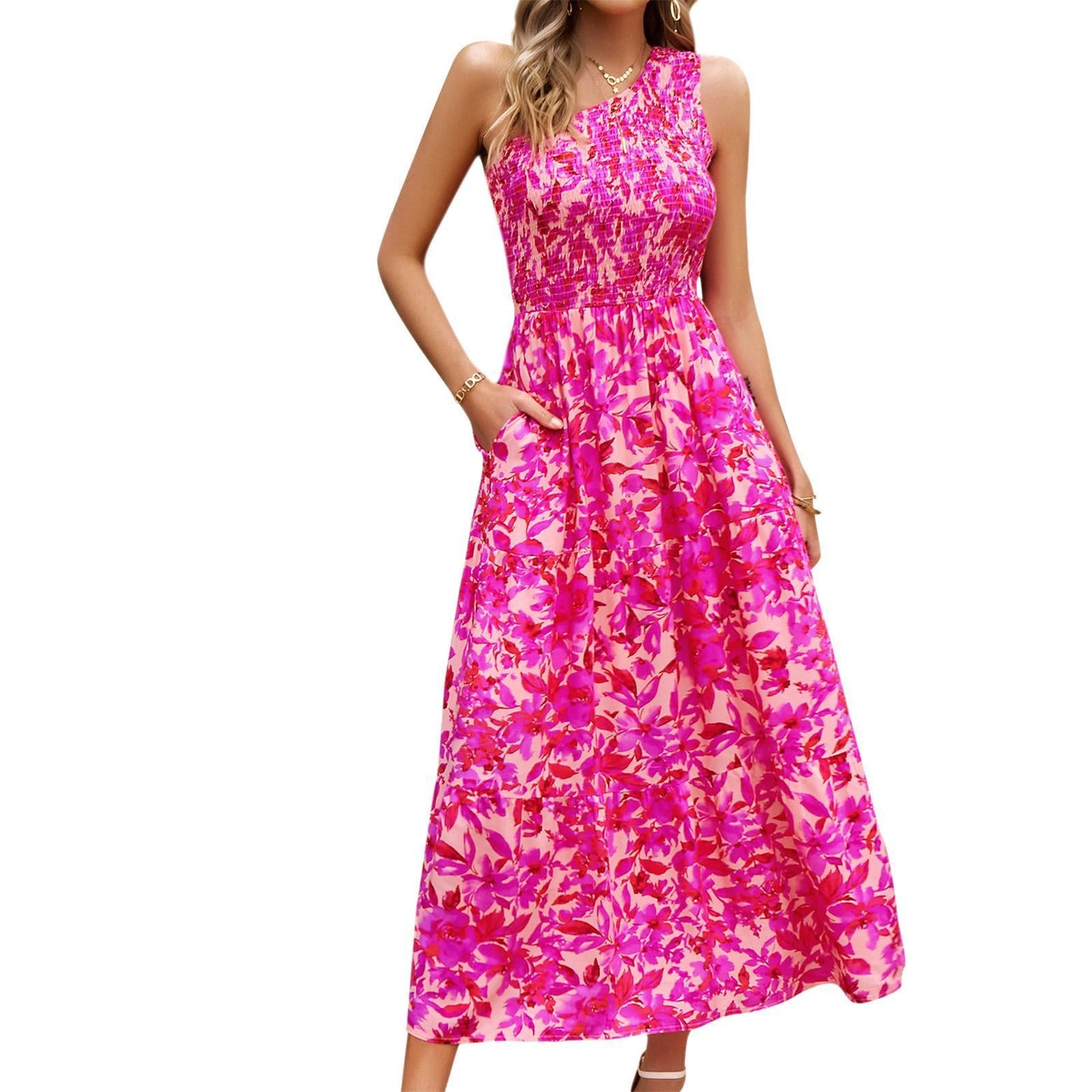 Ivyshape | Temperament Elegant Slant-Shoulder Printed Maxi Dress