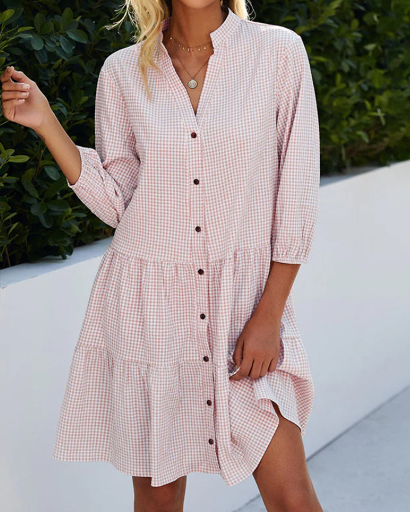 Ivyshape | Checked A-Line Dress with Button Placket for Women Resembles A Shirt Dress