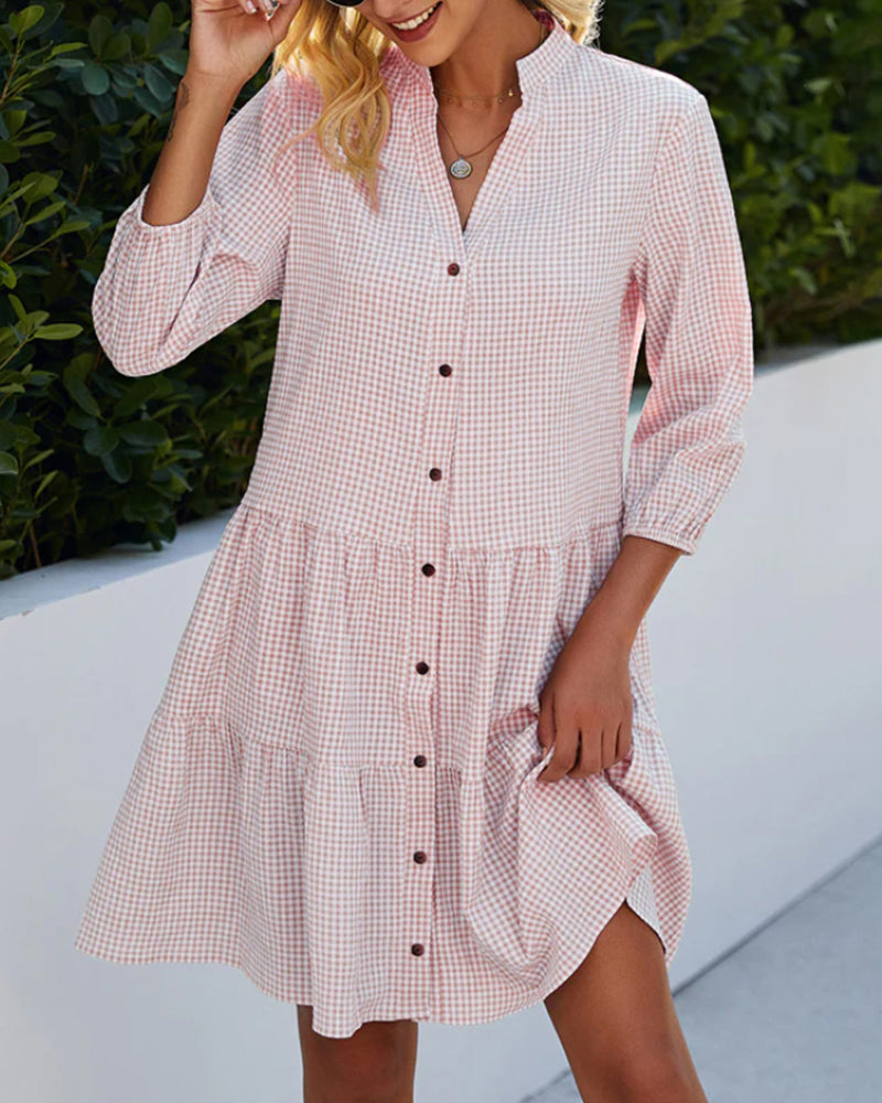Ivyshape | Checked A-Line Dress with Button Placket for Women Resembles A Shirt Dress