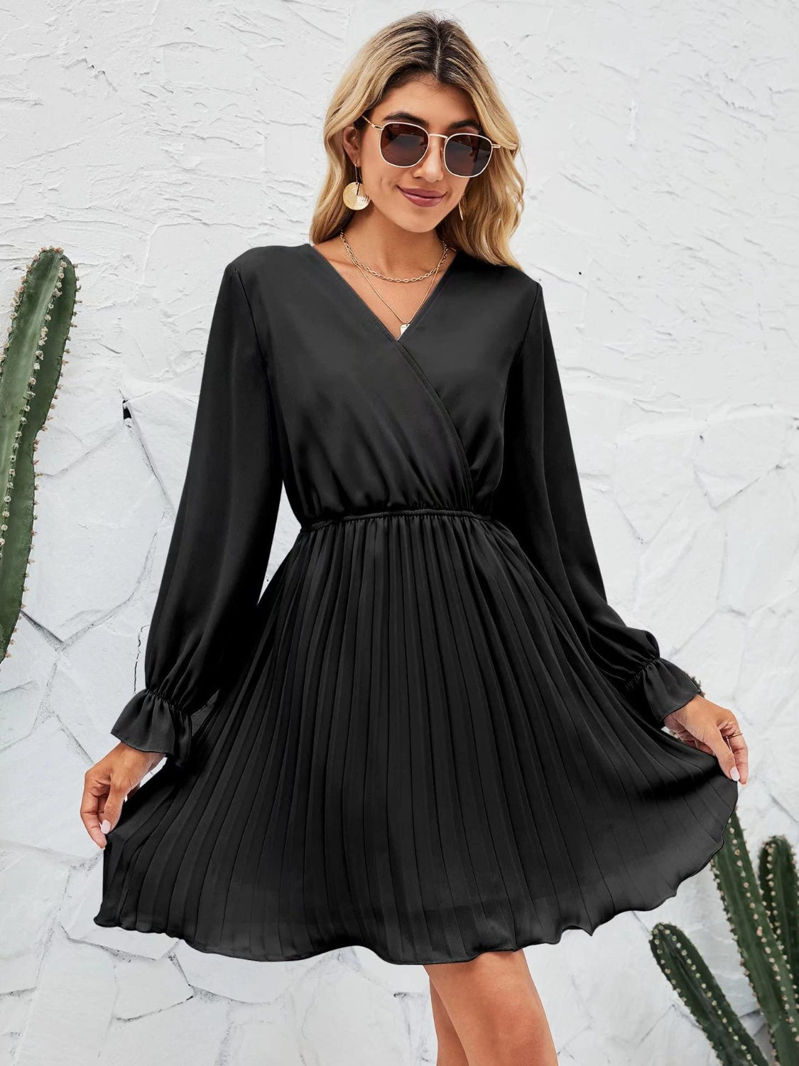 Ivyshape | Surplice Flounce Sleeve Pleated Mini Dress