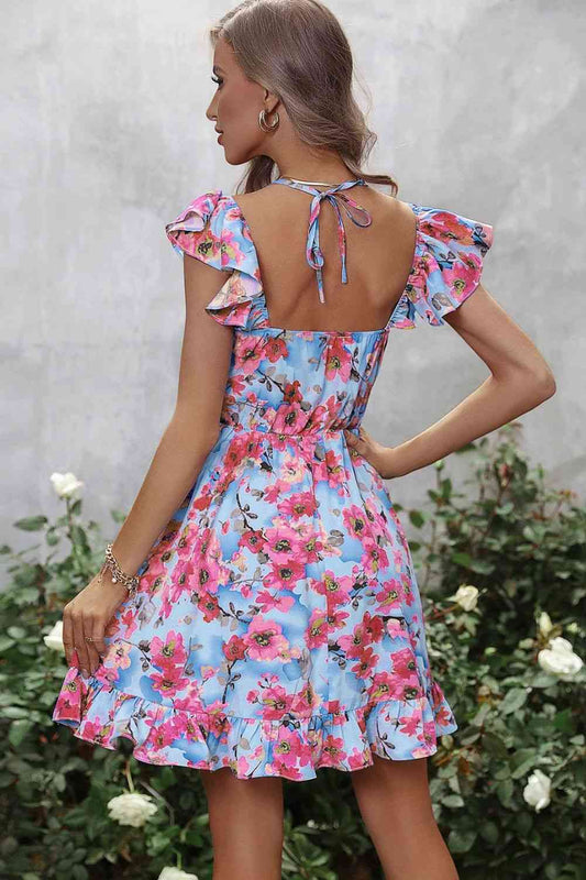 Floral Halter Neck Ruffle Hem Dress