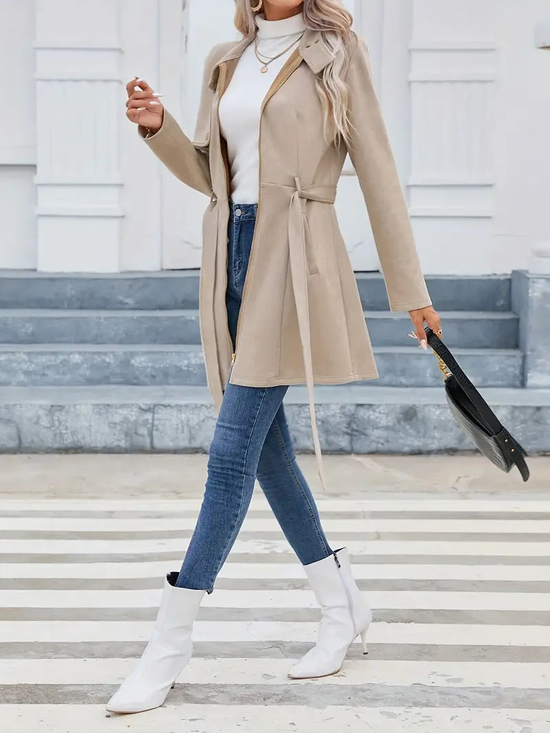 Ivyshape | Medium-length coat with zipper, stand-up collar and belt