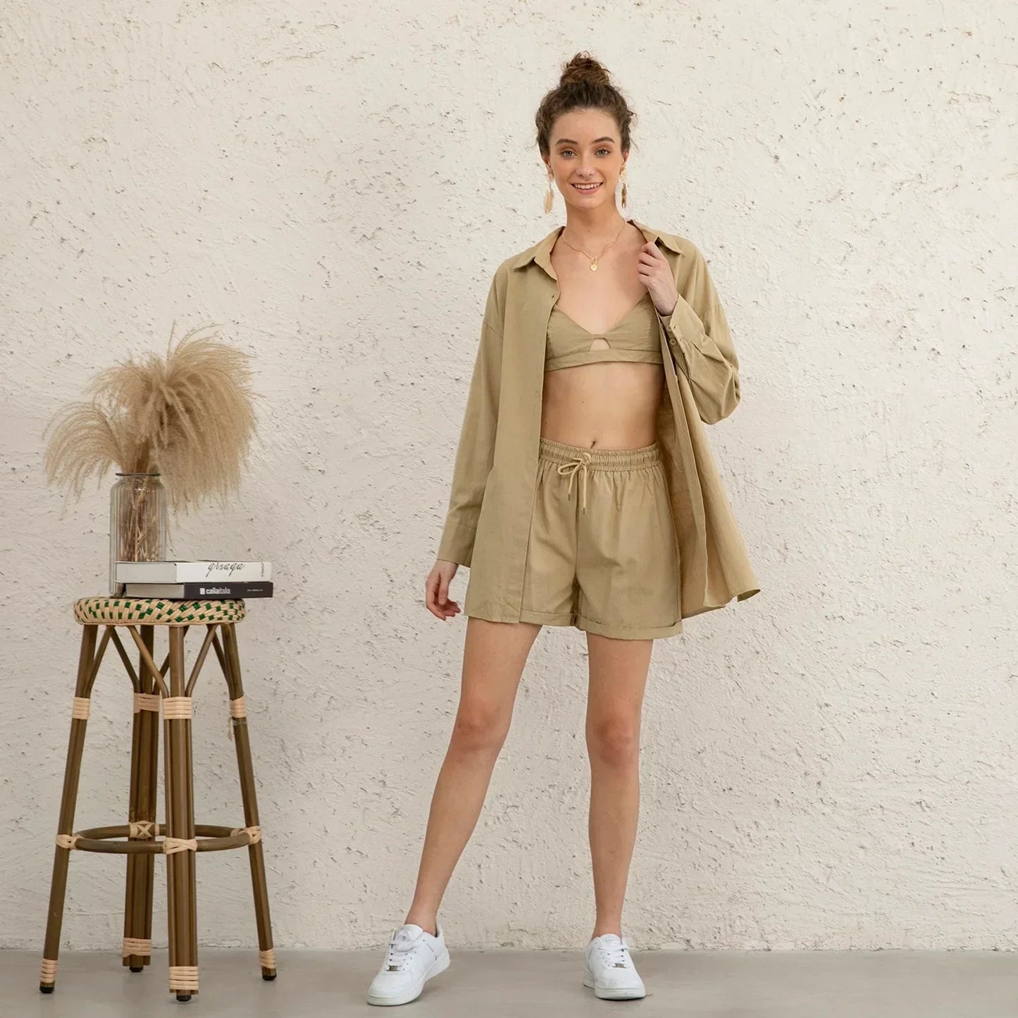 3-pieces Set In Khaki (bustier top + shirt + shorts)