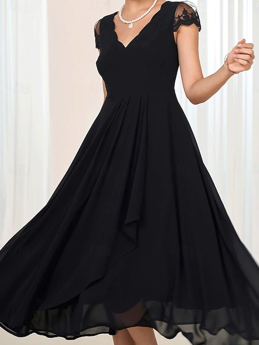 Black V Neck Chiffon Short Sleeve Midi Dress