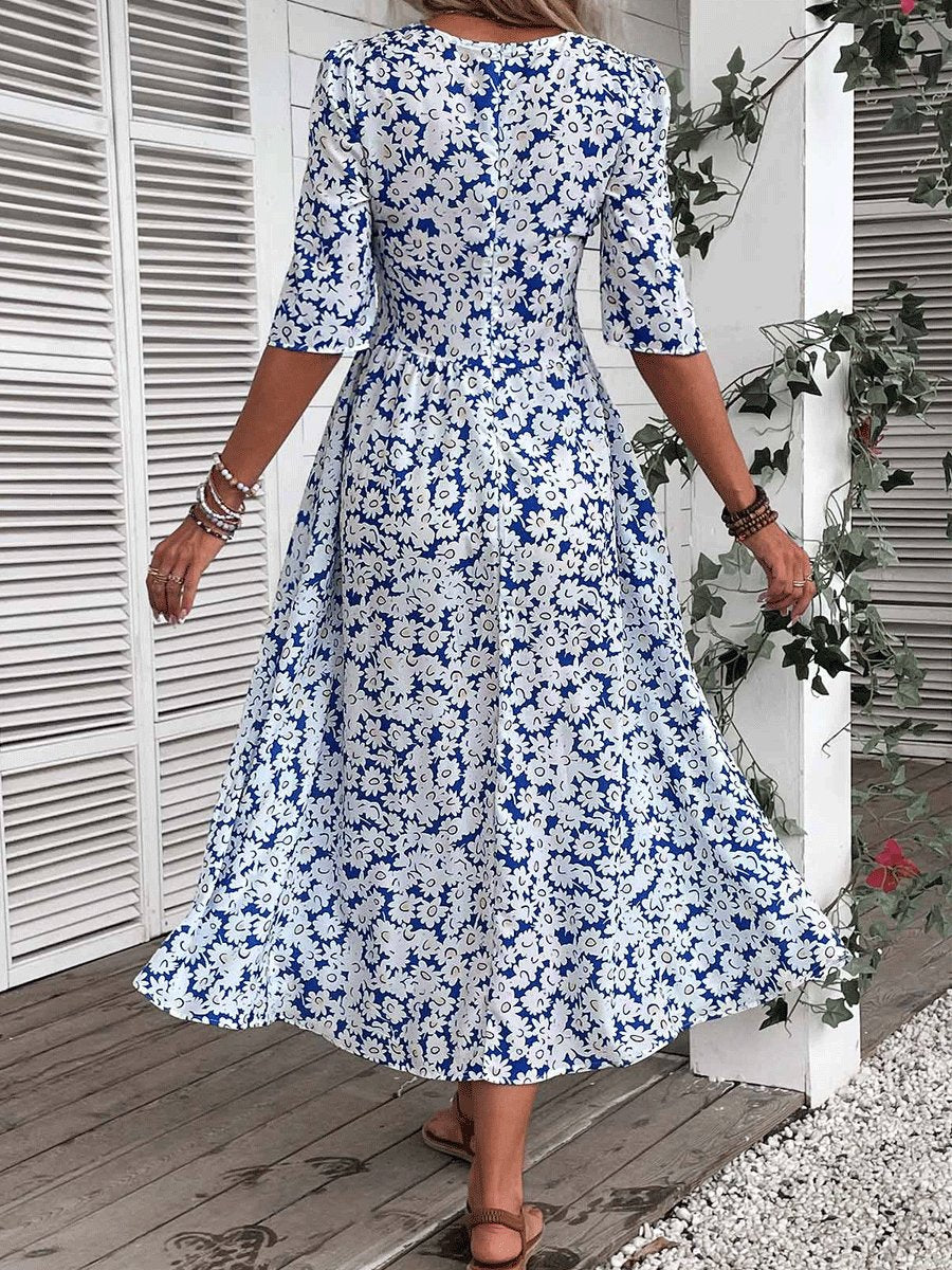 Smocked Ditsy Floral Print Blue Round Neck Dress