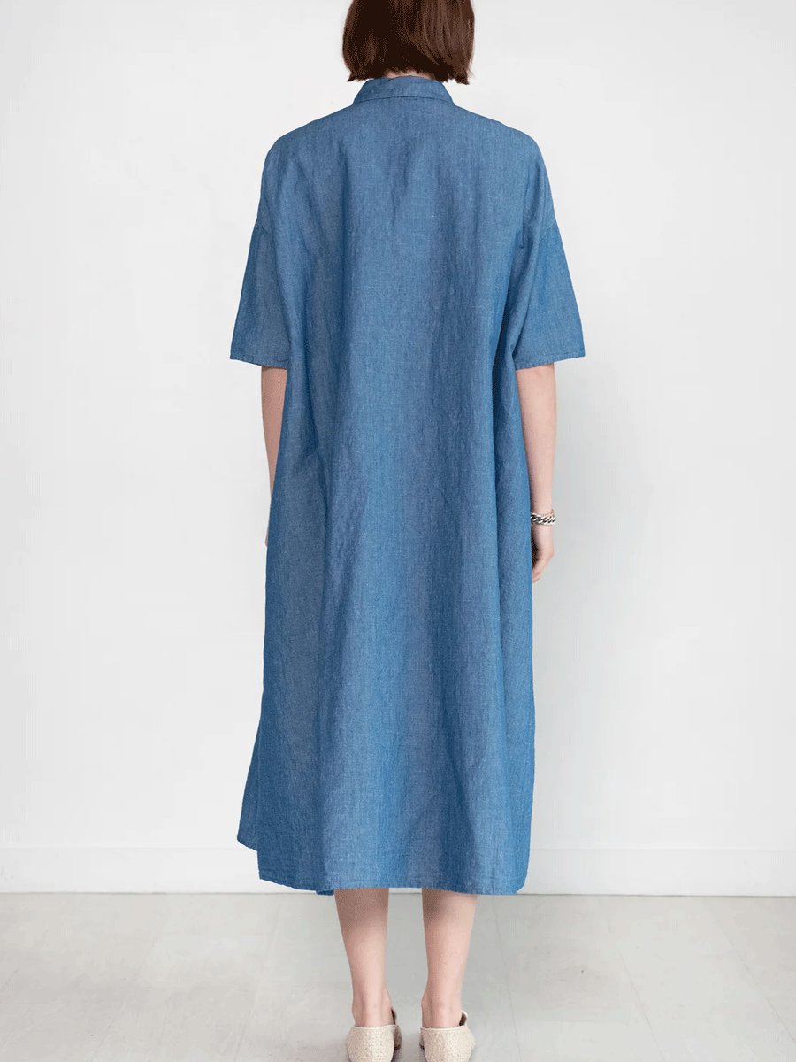 Cotton and linen blue long shirt dress