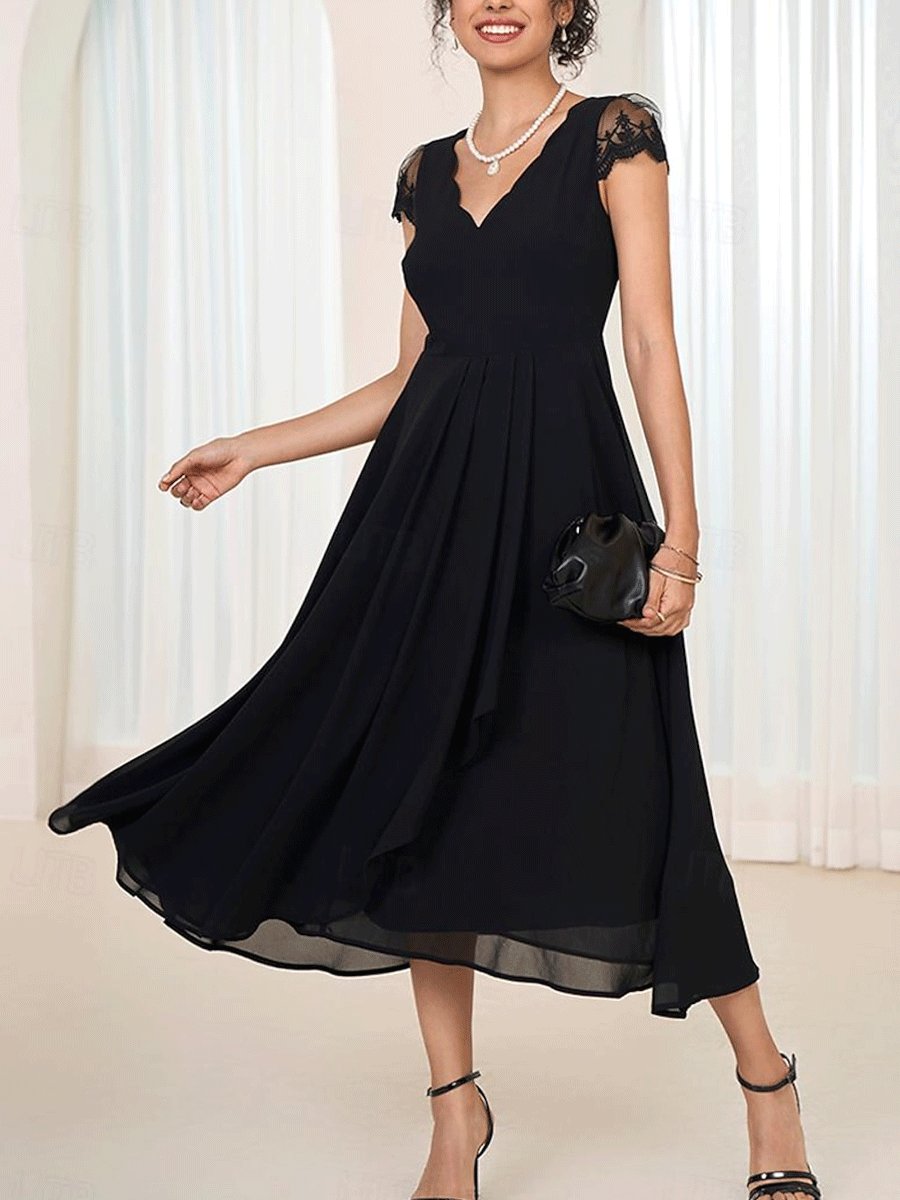 Black V Neck Chiffon Short Sleeve Midi Dress