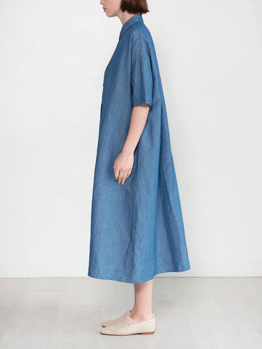 Cotton and linen blue long shirt dress