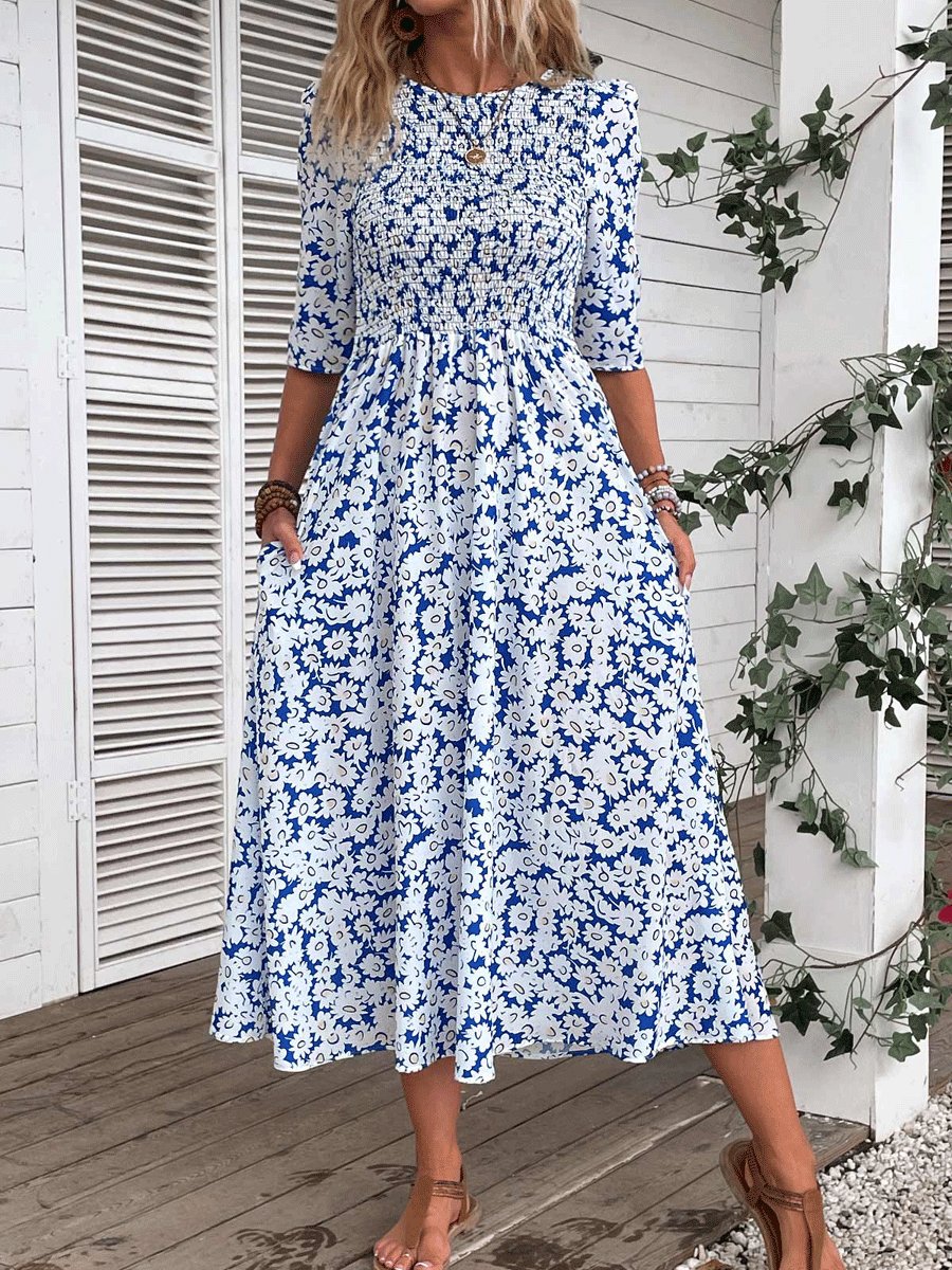 Smocked Ditsy Floral Print Blue Round Neck Dress