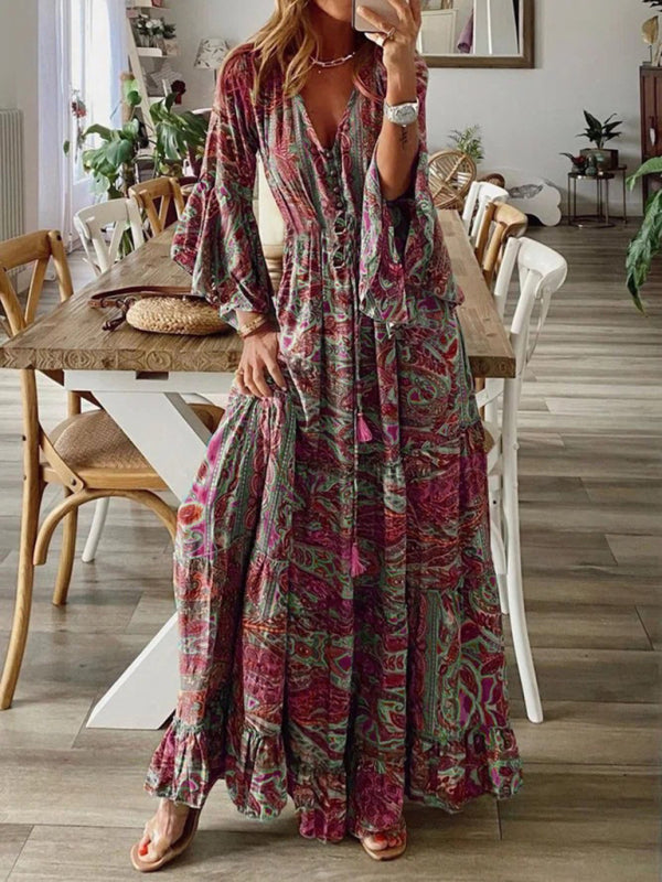 Ivyshape | Women's Bohemian paisley print & trumpet sleeve maxi dress