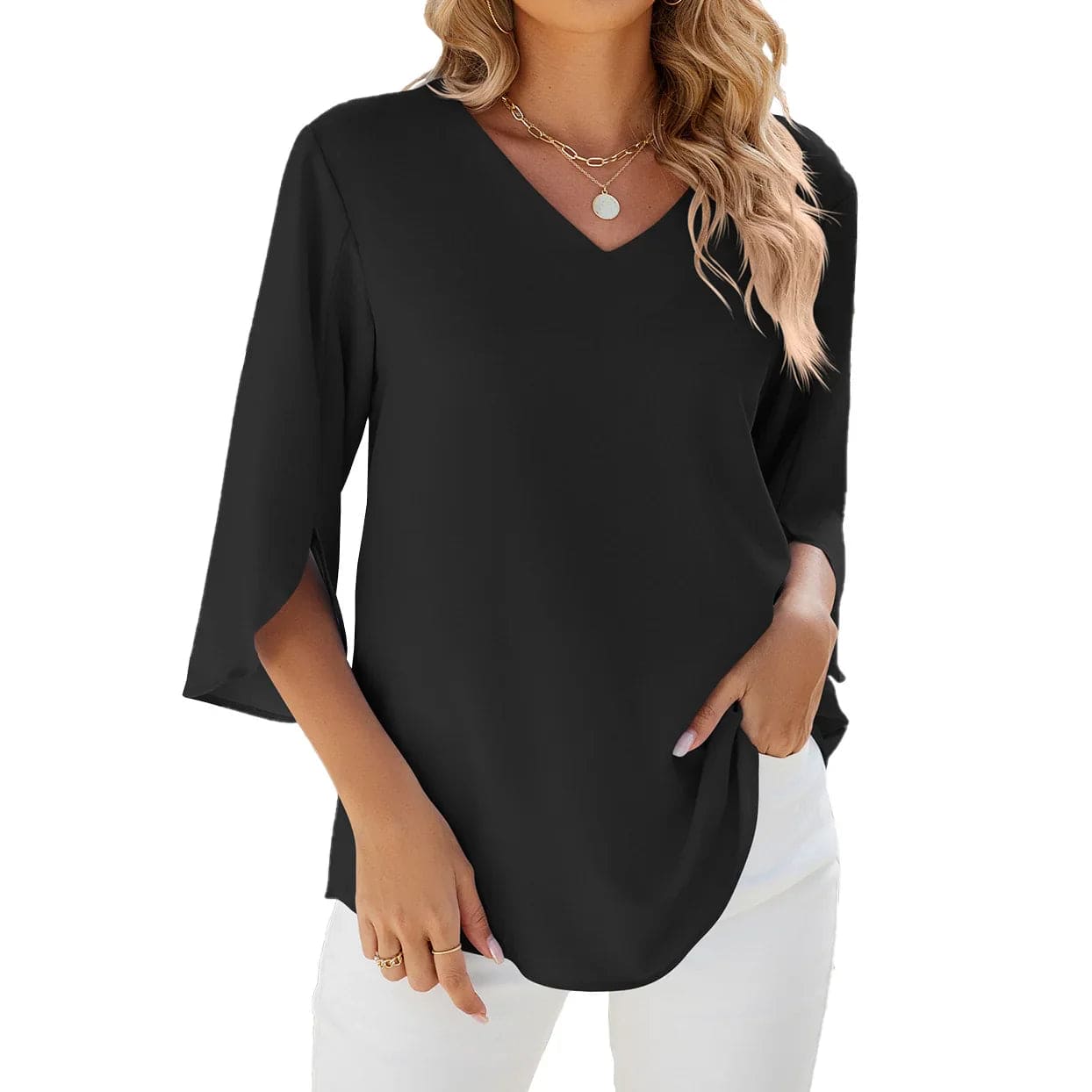 Ivyshape | Women's Tulip Sleeves Blouse V-Neck