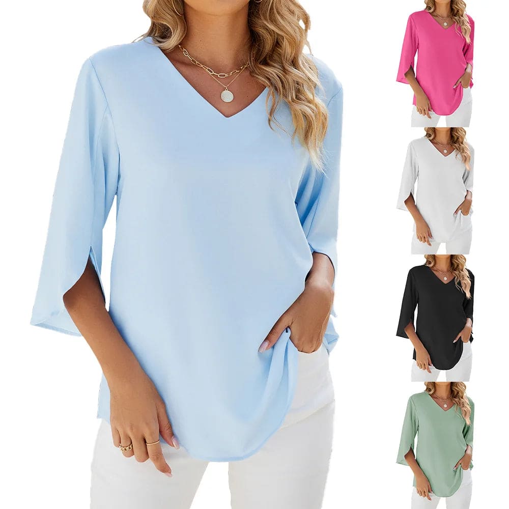 Ivyshape | Women's Tulip Sleeves Blouse V-Neck