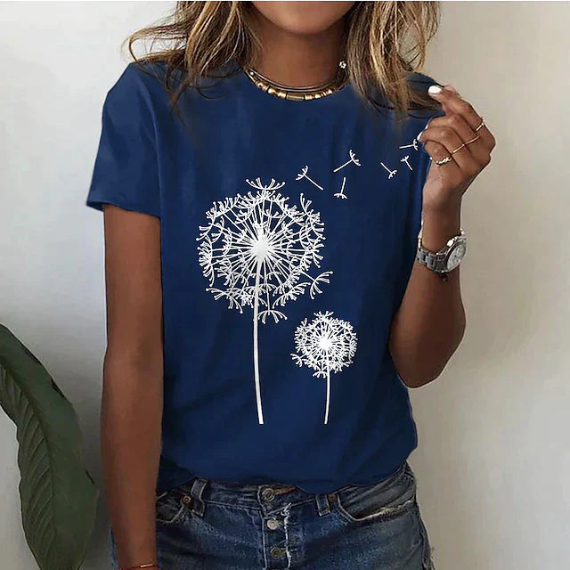 Ivyshape | Women's Dandelion Print T-Shirt Round Neck