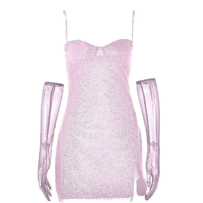 Textured mesh gloves sweetheart neck zip-up slit cami mini dress