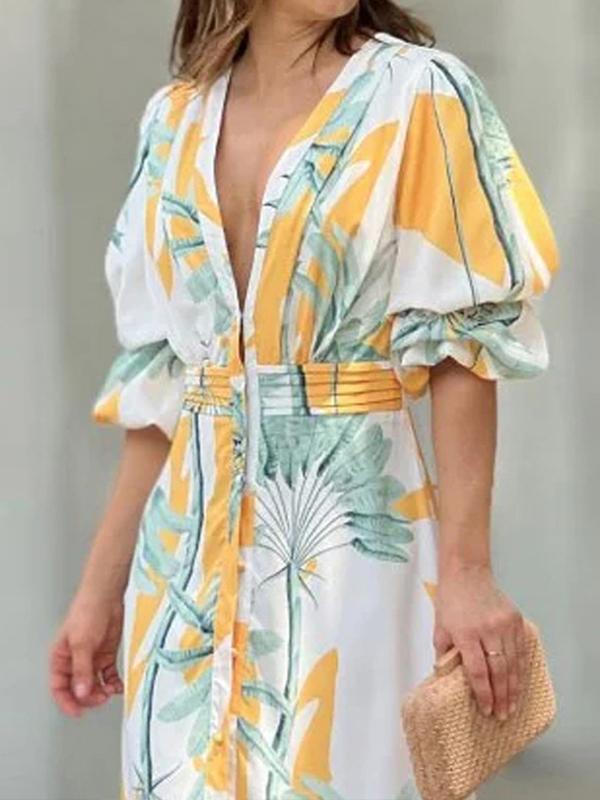 Elegance V-neck Puffed Sleeve Printed Dress