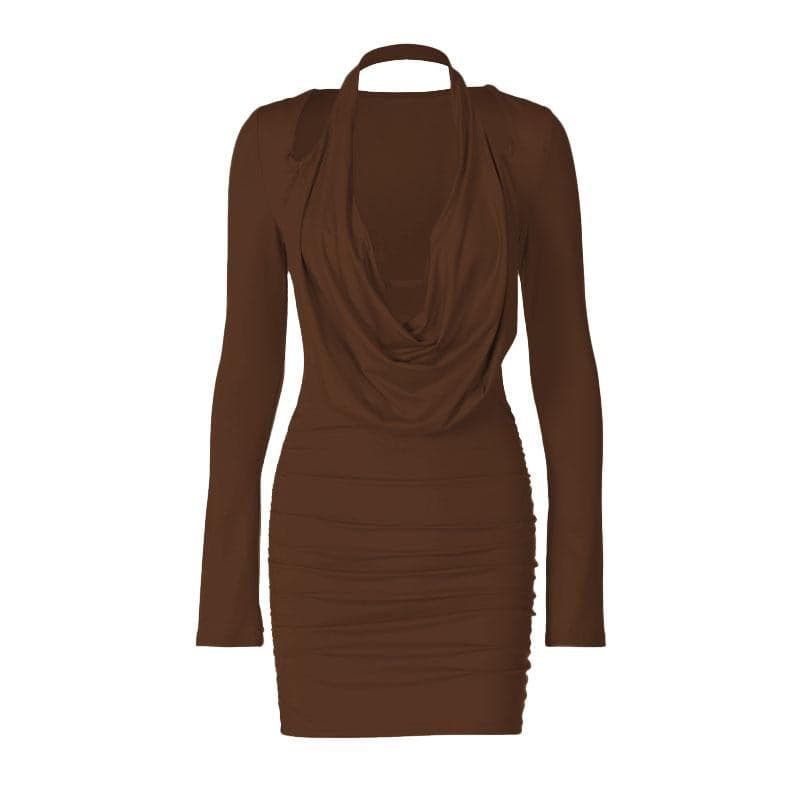 Long sleeve cowl neck halter solid mini dress