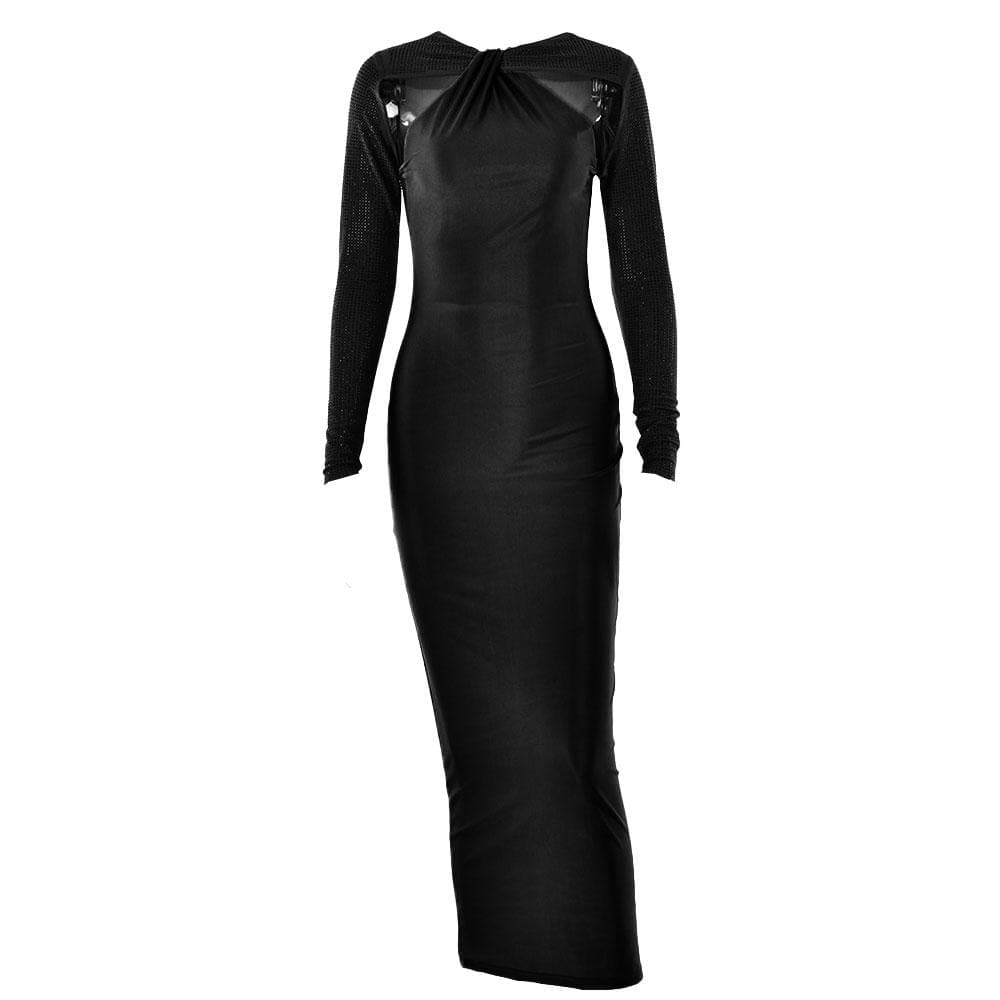 Long sleeve beaded zip-up hollow out patchwork cut out maxi dress