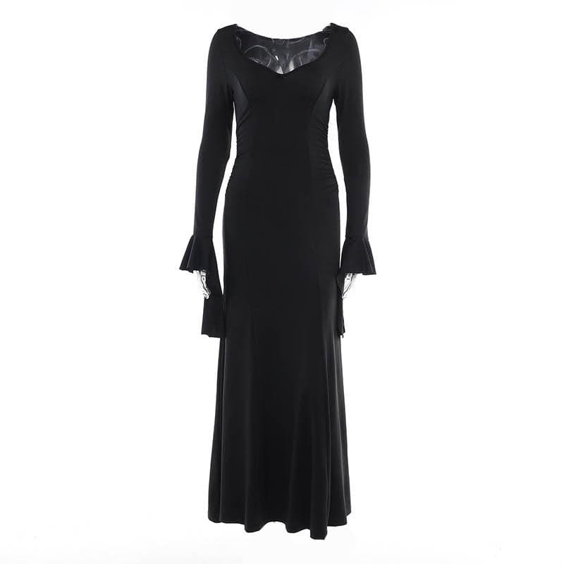 Long flared sleeve solid v neck ruched maxi dress