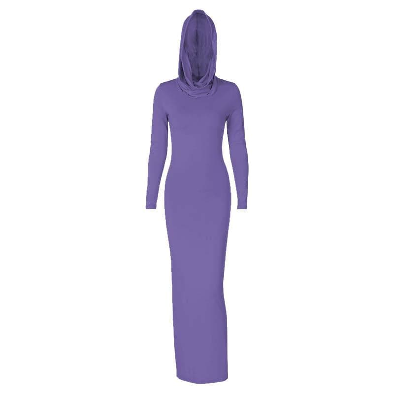 Hoodie solid long sleeve cowl neck slit maxi dress