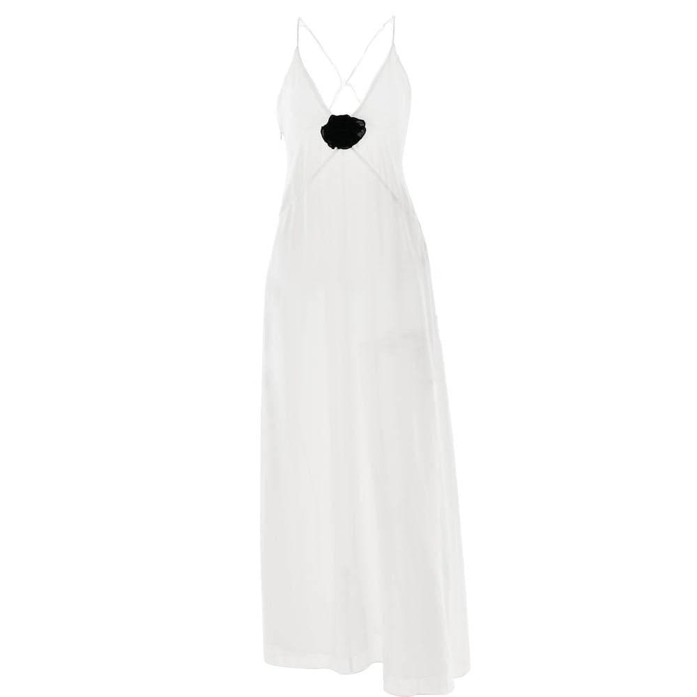 Flower applique v neck ruched zip-up cross back maxi dress