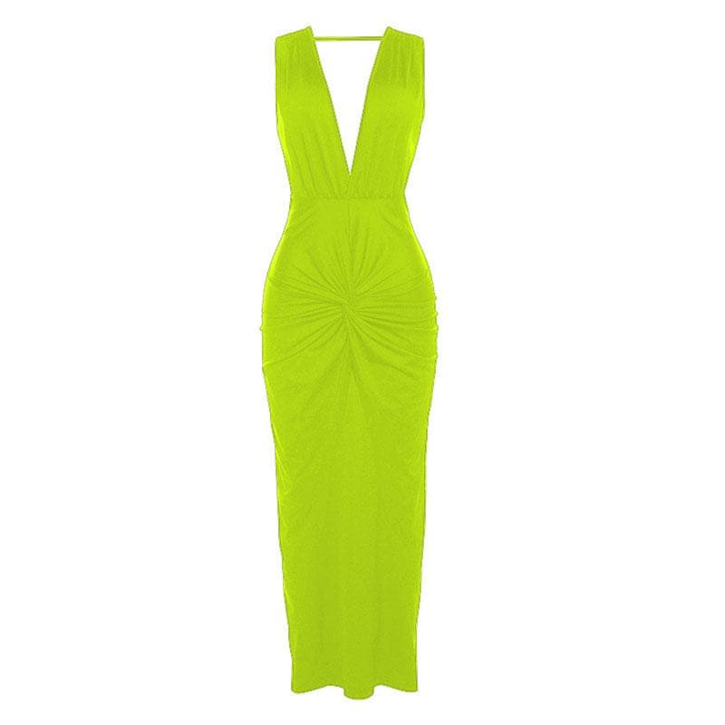 Sleeveless v neck solid slit knotted backless midi dress