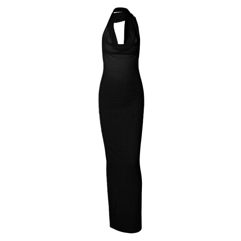 Ruched slit halter ribbed backless cowl neck solid maxi dress