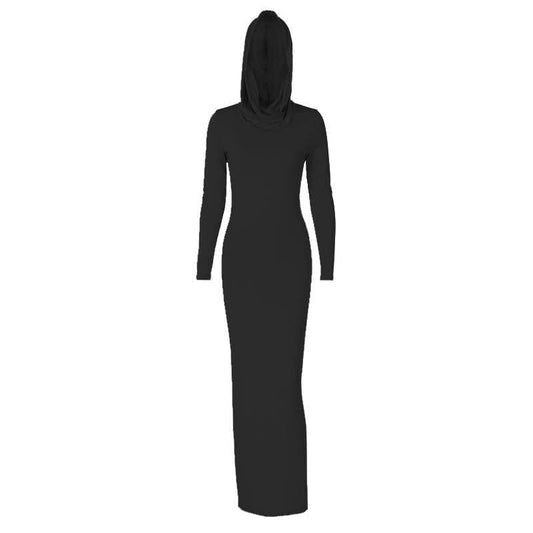 Hoodie solid long sleeve cowl neck slit maxi dress