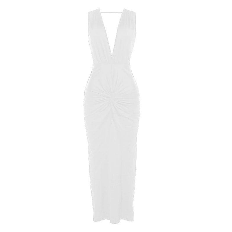 Sleeveless v neck solid slit knotted backless midi dress