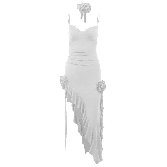 Solid irregular flower applique ruffle slit midi dress