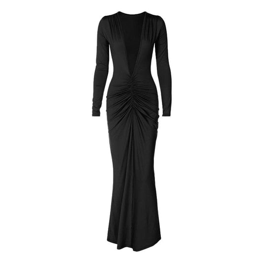 Ruched long sleeve v neck solid 2-way maxi dress