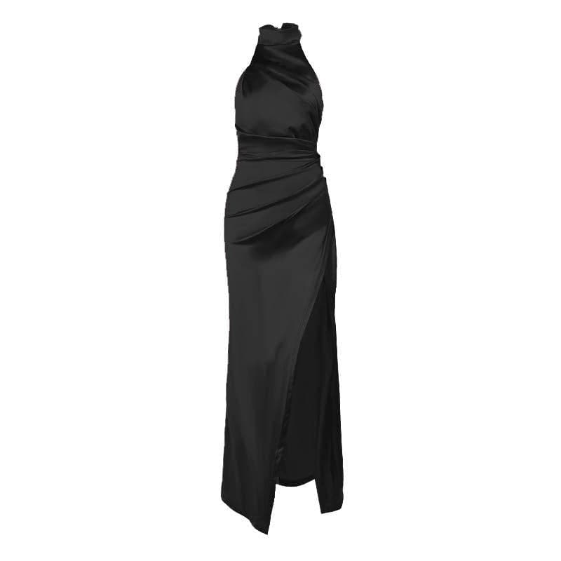 Ruched solid satin zip-up halter backless slit maxi dress