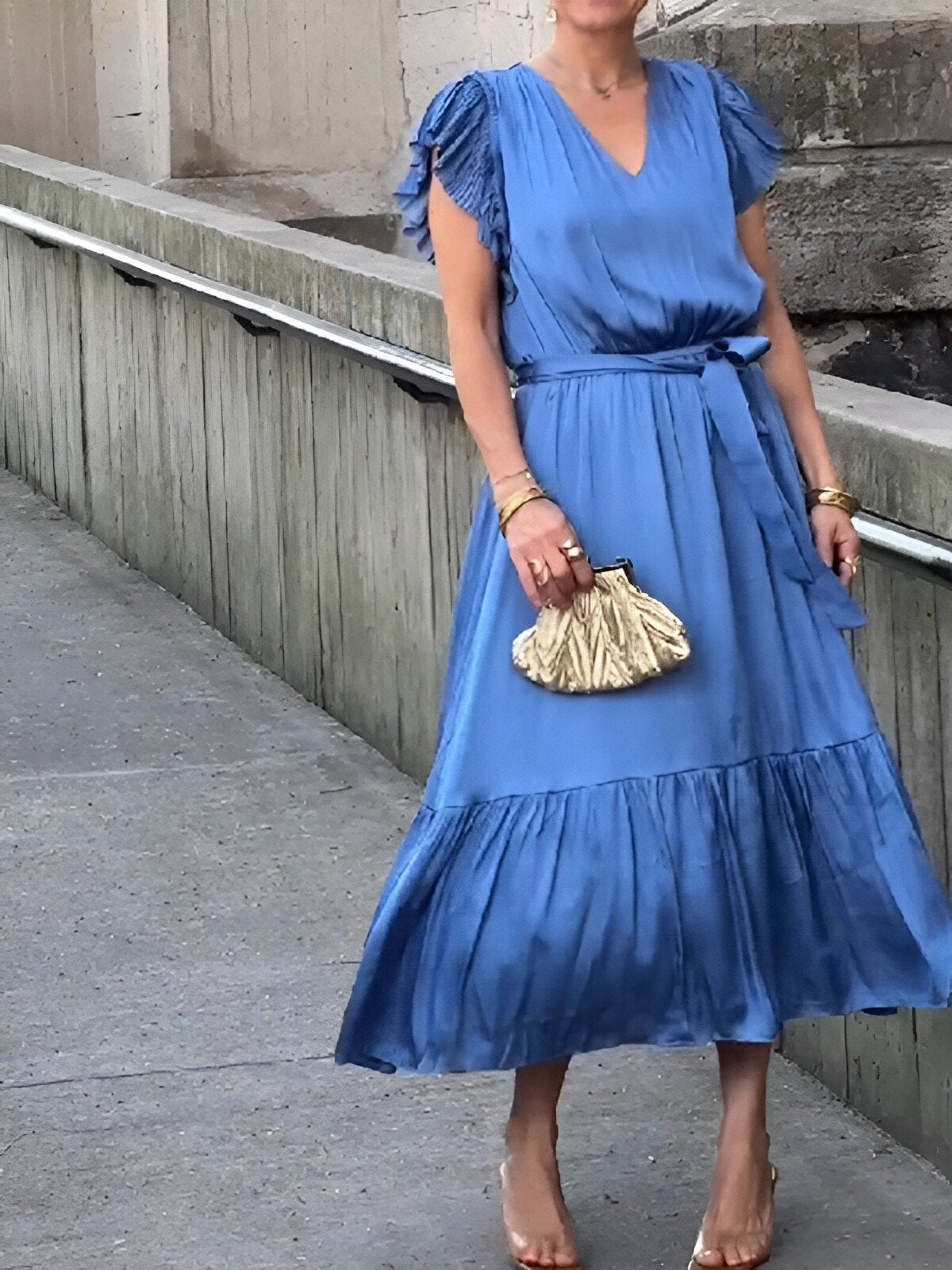 ruffled flying sleeves V-neck dress