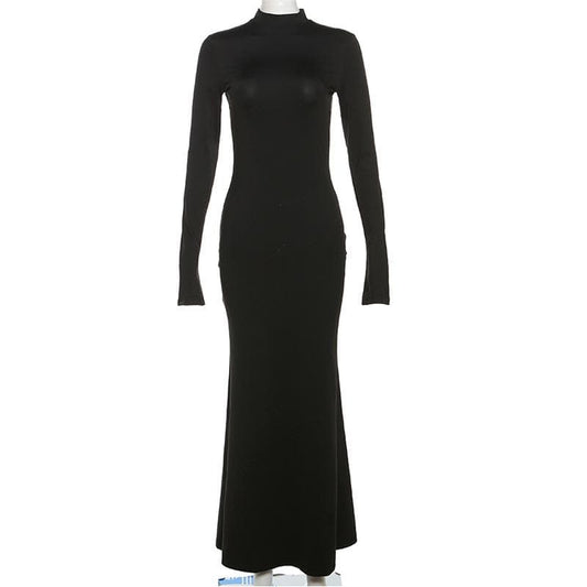 Backless high neck long sleeve solid maxi dress