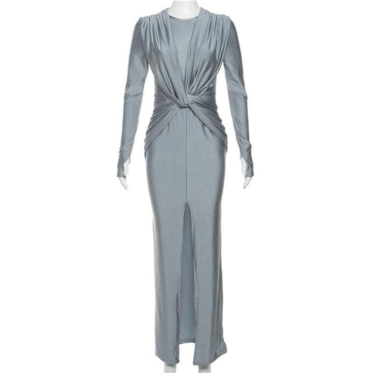 Knotted slit solid long sleeve ruched maxi dress