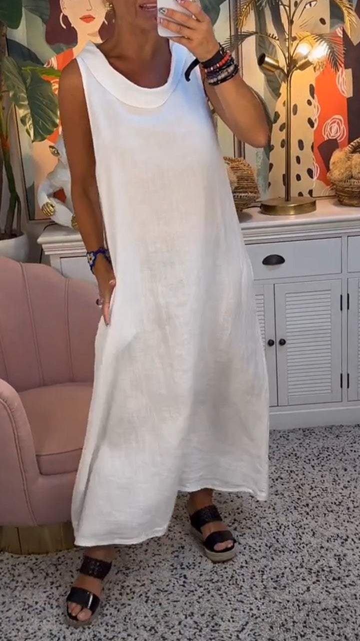Neck Sleeveless Cotton and Linen Dress