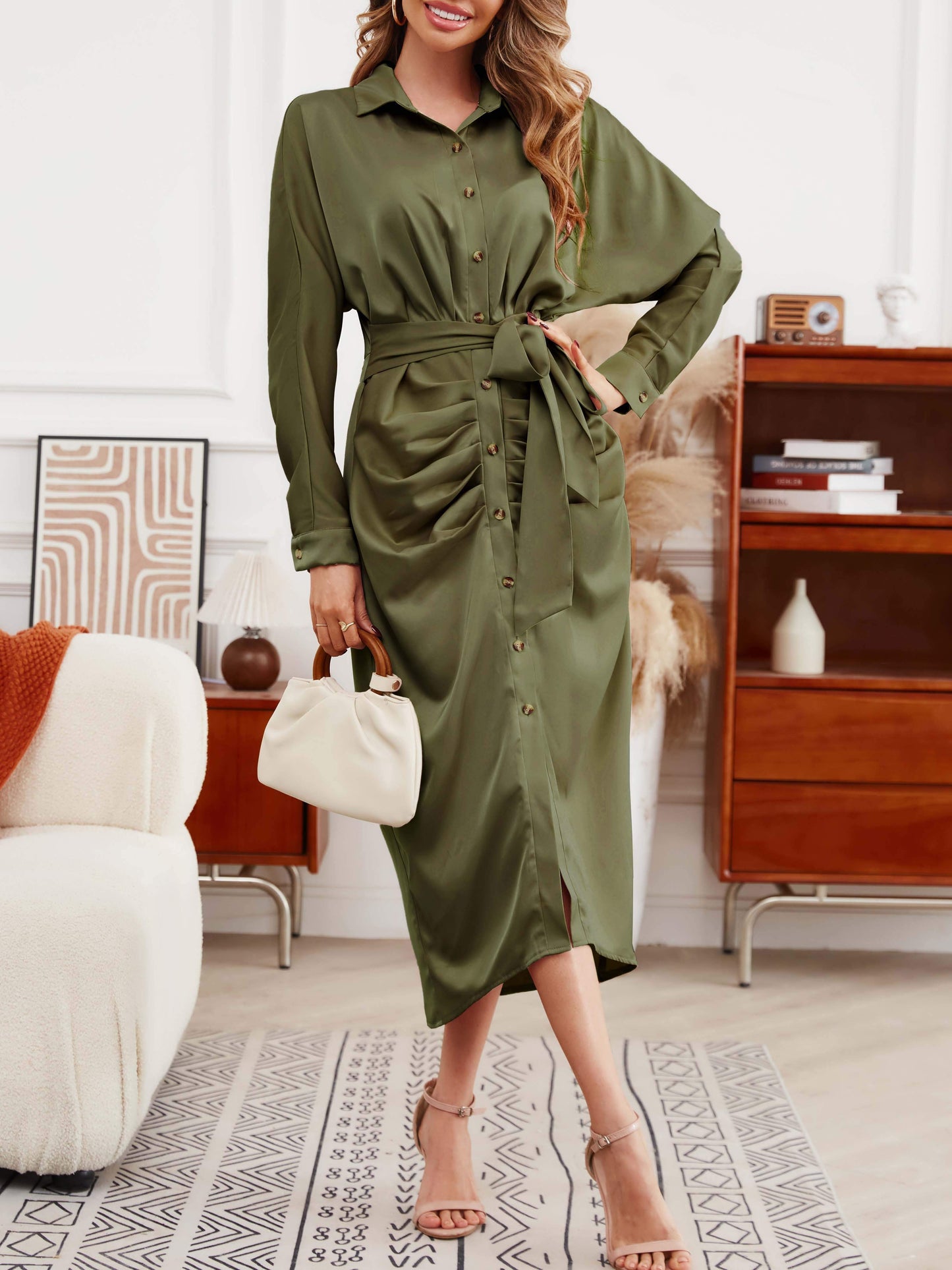 Essnce Ruched Belted Satin Shirt Dress