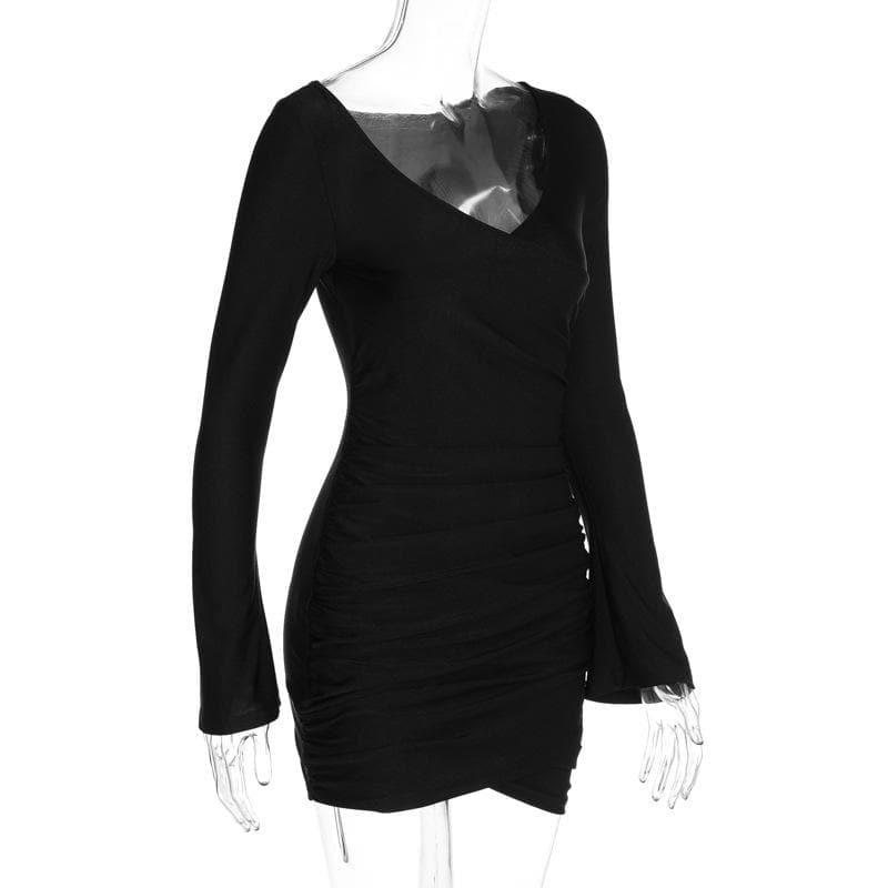 Ruched solid long sleeve v neck mini dress