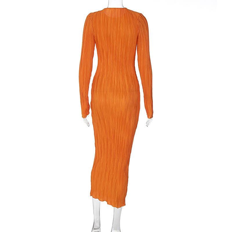 Long sleeve crewneck ruffle textured solid maxi dress