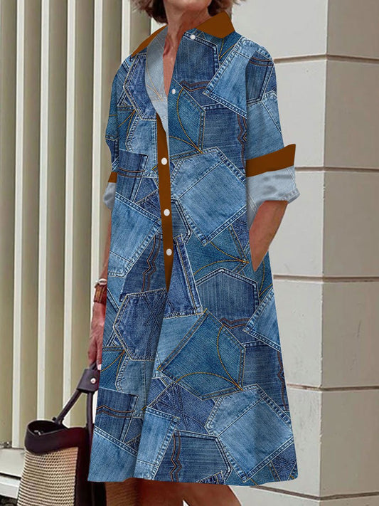 Denim Pocket Patchwork Printed Casual Loose Long-Sleeved Shirt Dress