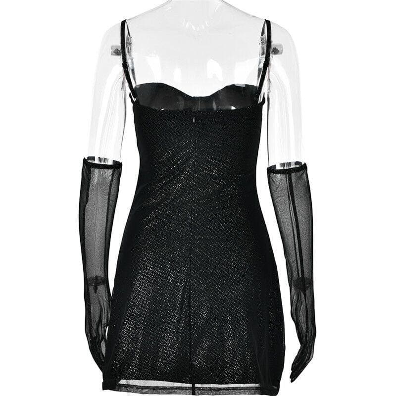 Textured mesh gloves sweetheart neck zip-up slit cami mini dress