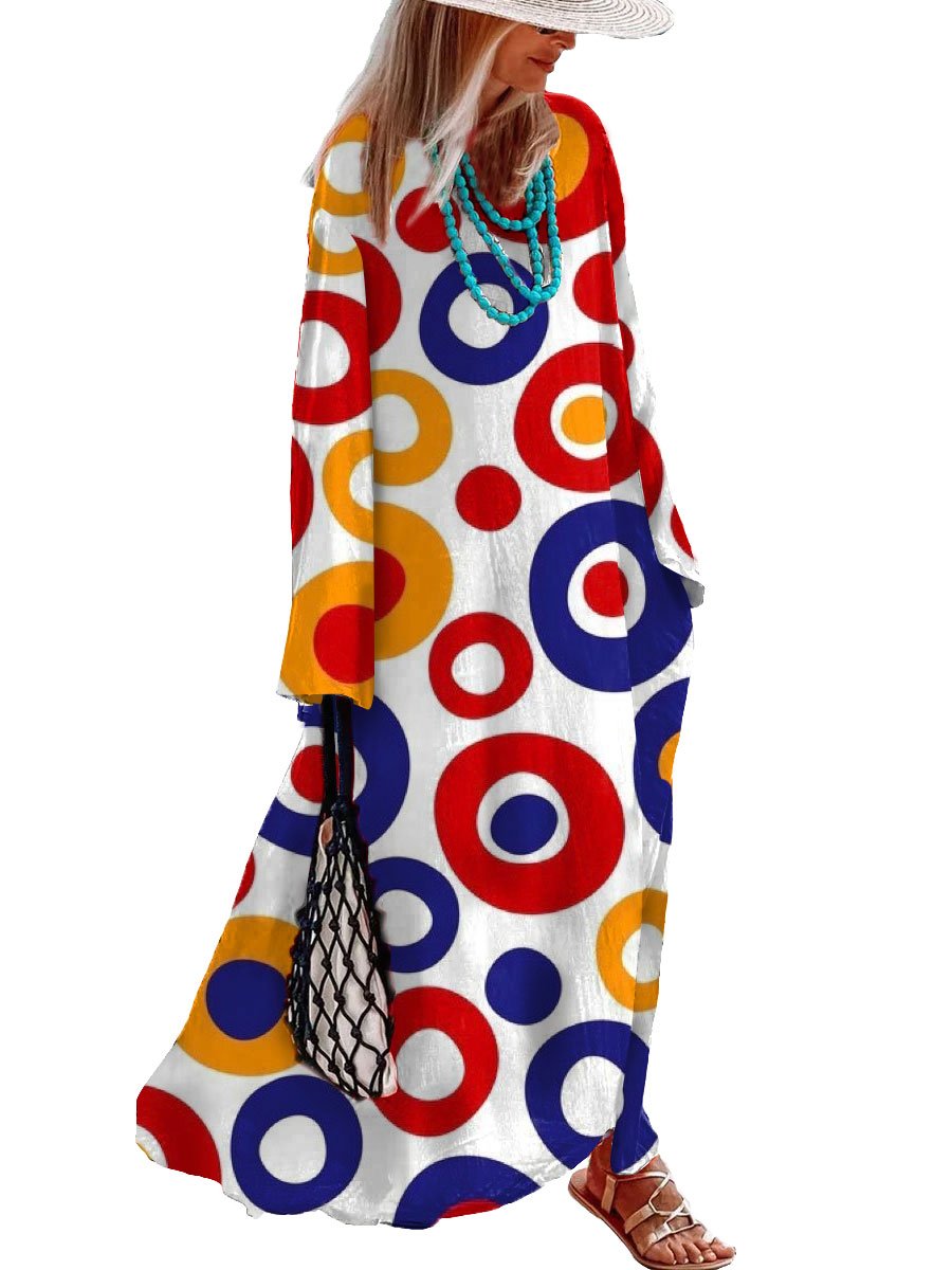 Cotton and Linen Contrast Circle Print Holiday Long Sleeve Maxi Dress