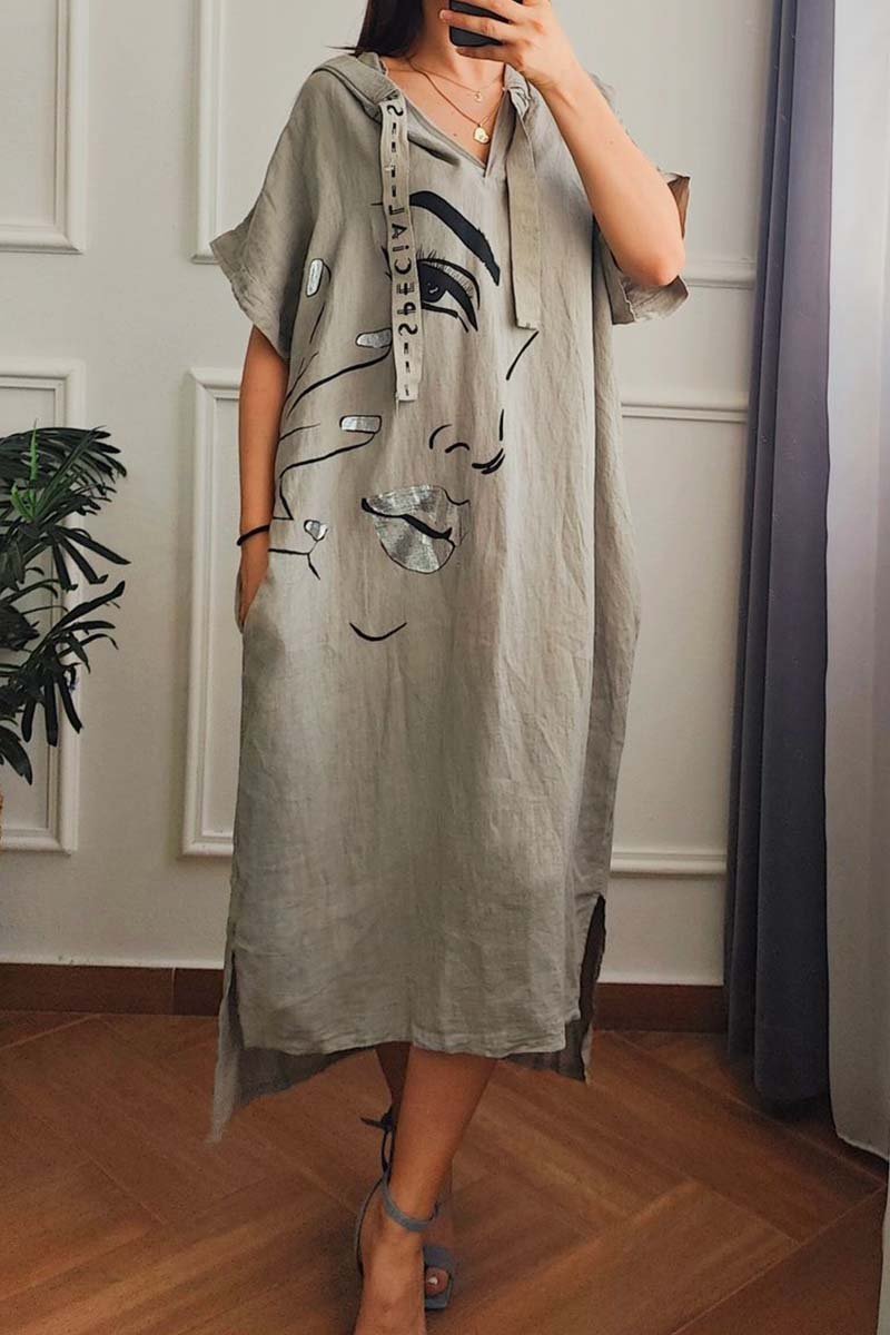 casual hooded cotton and linen dress