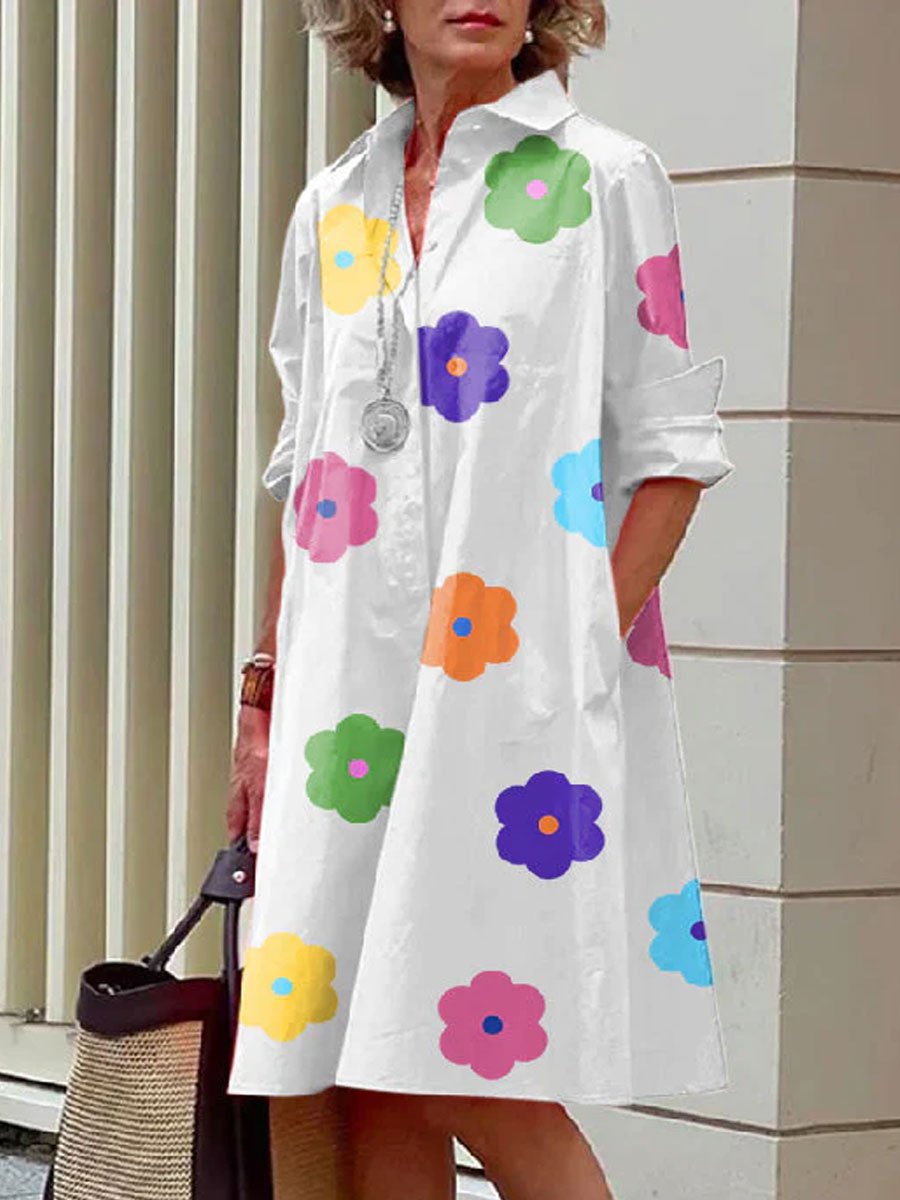 Colorful Floral Print Casual Loose Long Sleeve Shirt Dress