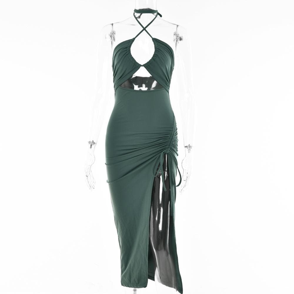 Drawstring halter self tie backless slit hollow out ruched cut out midi dress