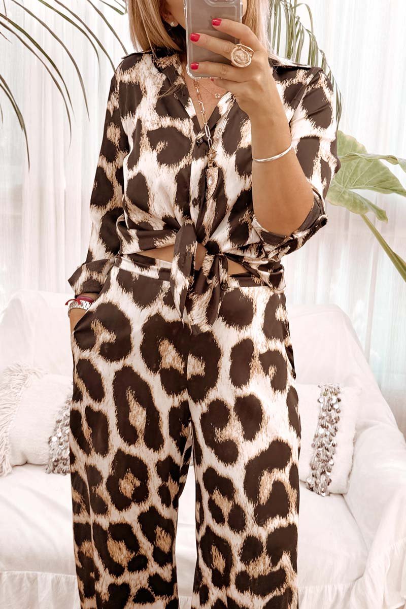 Women's Casual Leopard Print Wide Leg Pants Two Piece Set